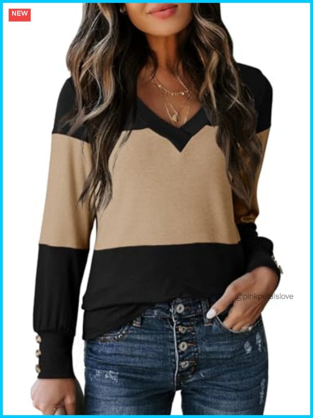 Womens V Neck Color Block Tunic Sweater Long Sleeve Pullover Top